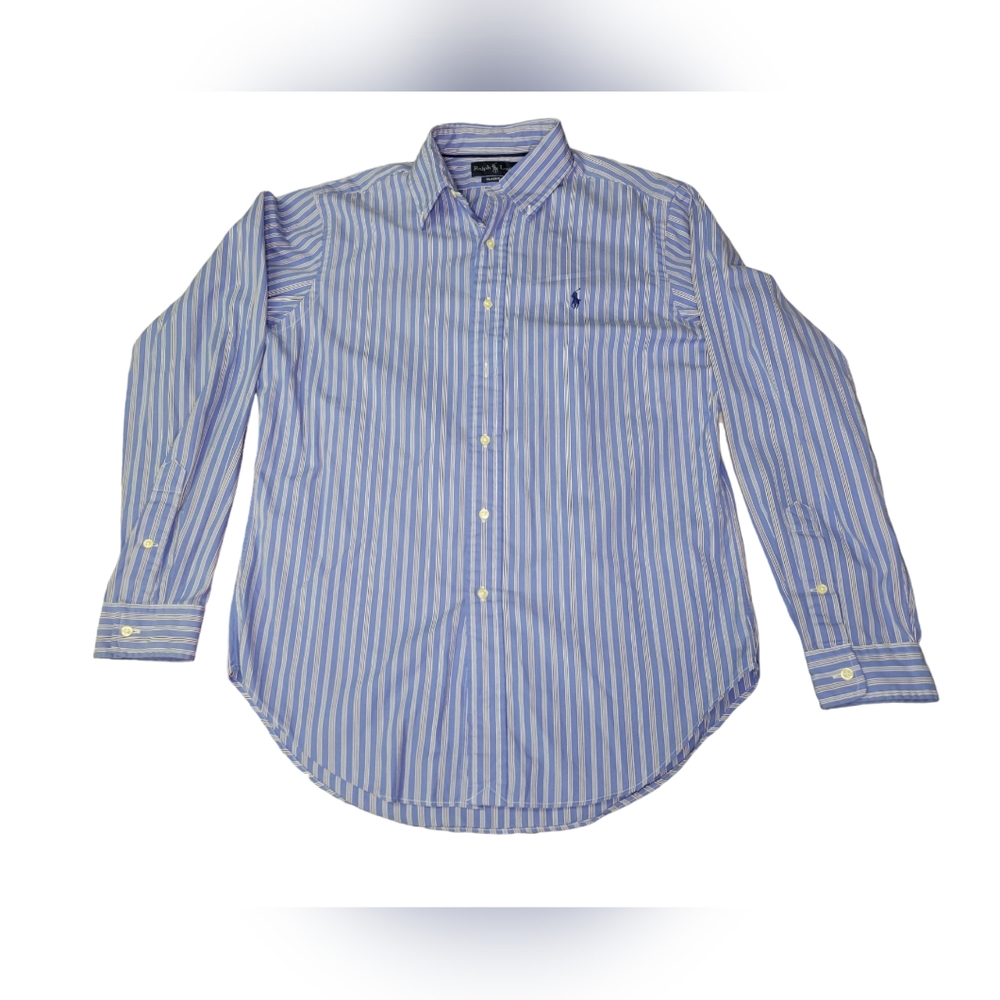 Ralph Lauren Shirt Men Medium Blue/White Striped Classic Fit Long Sleeve Pony